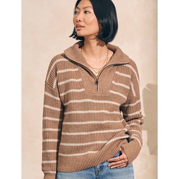 Faherty Women’s Sweater Size Small Mariner Sweater Carmel Brown Stripe Pullover - Picture 1 of 12